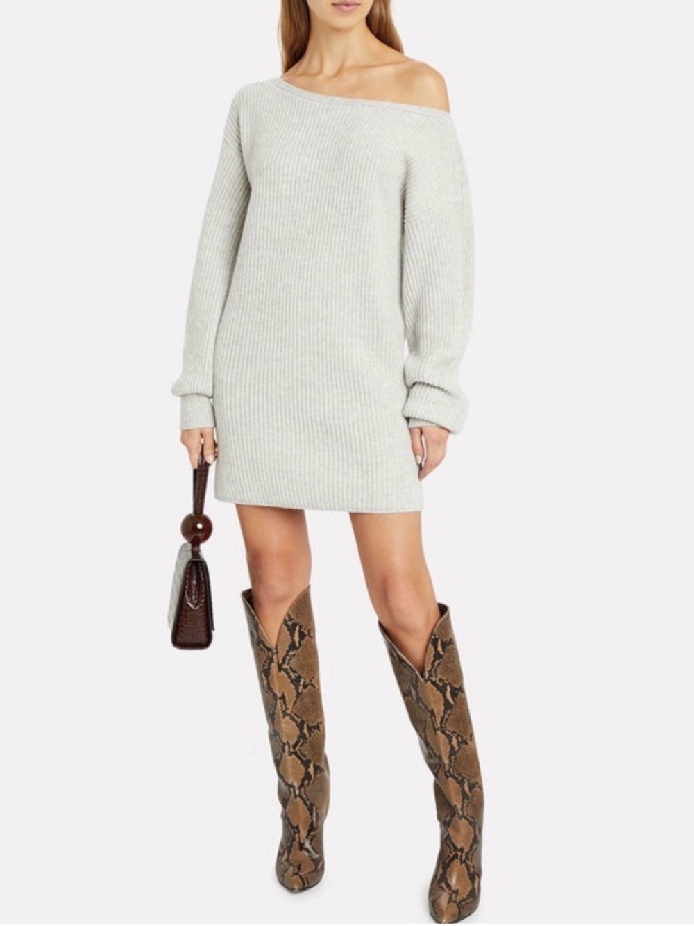 INTERMIX Off-Shoulder Ribbed Mini Dress in Light Gray